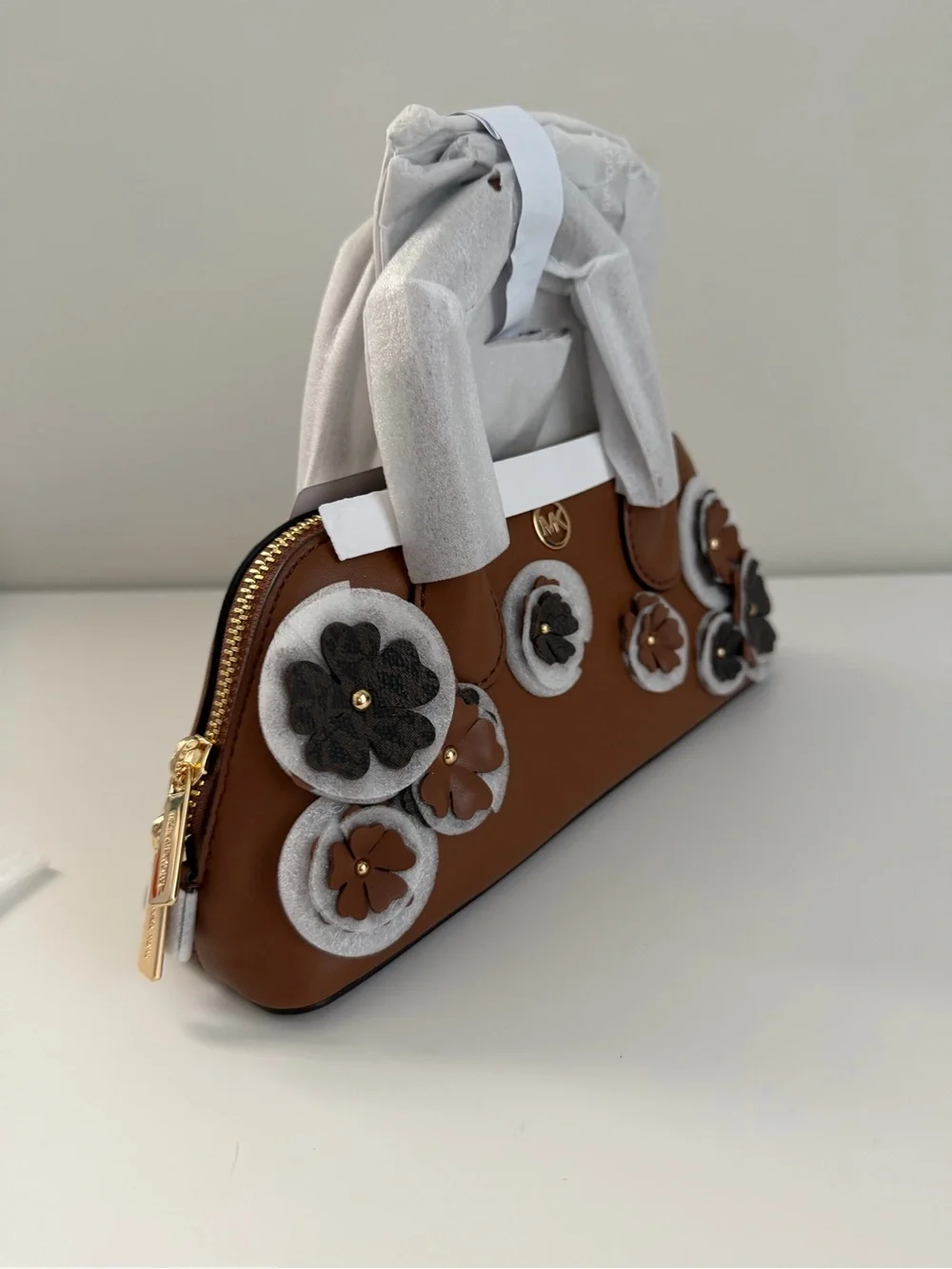 Michael Kors Brown Floral Applique Dome Satchel
